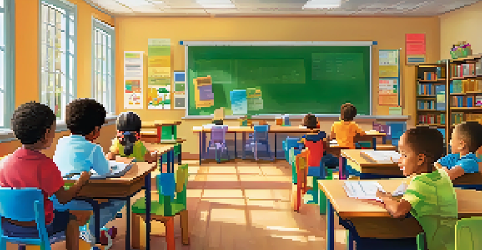 A classroom filled with children learning about financial literacy, with posters on the walls and sunlight streaming in.