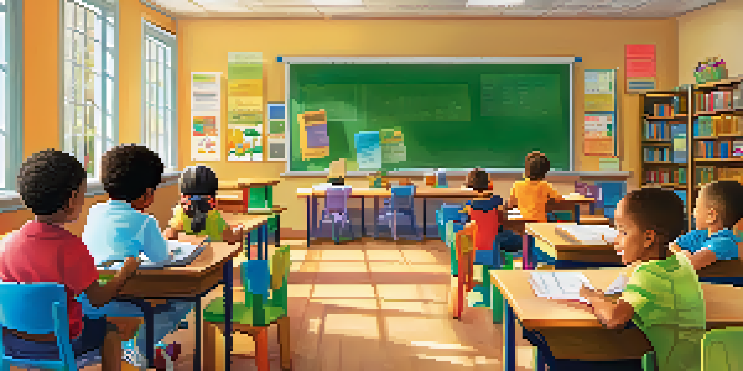 A classroom filled with children learning about financial literacy, with posters on the walls and sunlight streaming in.