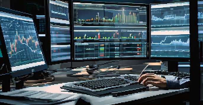 A financial trader's hands on a keyboard, surrounded by monitors displaying stock charts in a dimly lit room.