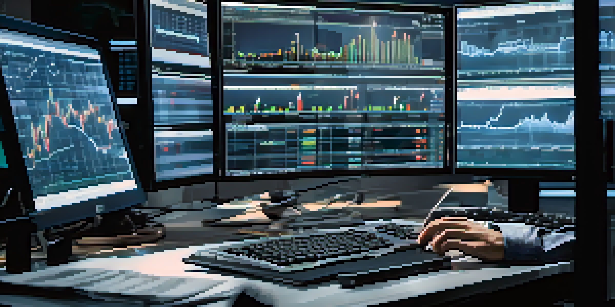 A financial trader's hands on a keyboard, surrounded by monitors displaying stock charts in a dimly lit room.