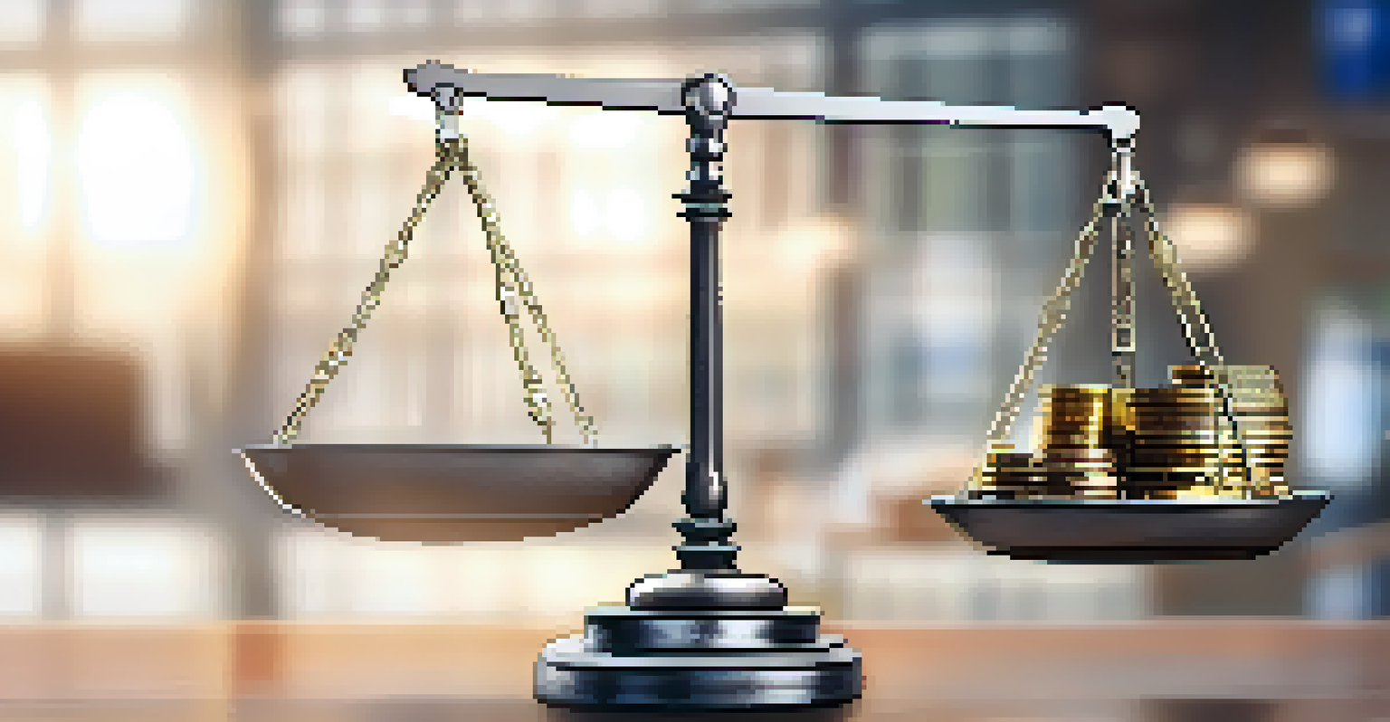 A balance scale with coins on one side and bills on the other, set against a blurred office background.