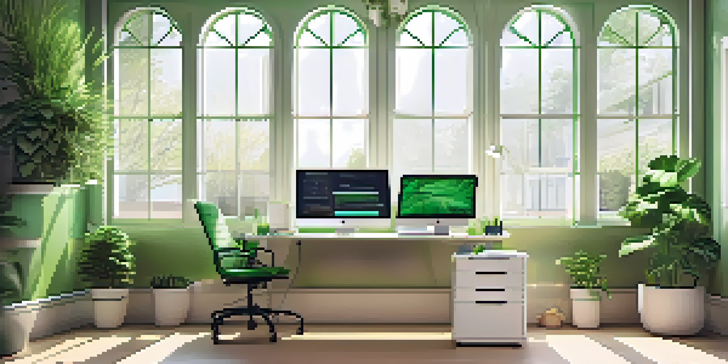 A modern office desk with a laptop showing financial graphs, illuminated by natural light with plants around.