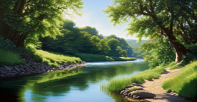 A peaceful river landscape with greenery and hills under a blue sky.