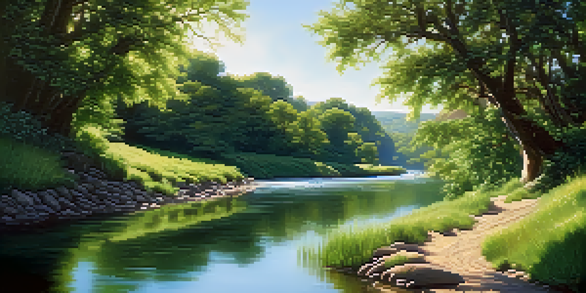 A peaceful river landscape with greenery and hills under a blue sky.