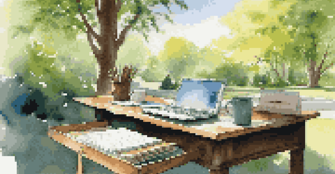A peaceful outdoor office setup with a wooden desk, laptop, coffee cup, and greenery in the background.