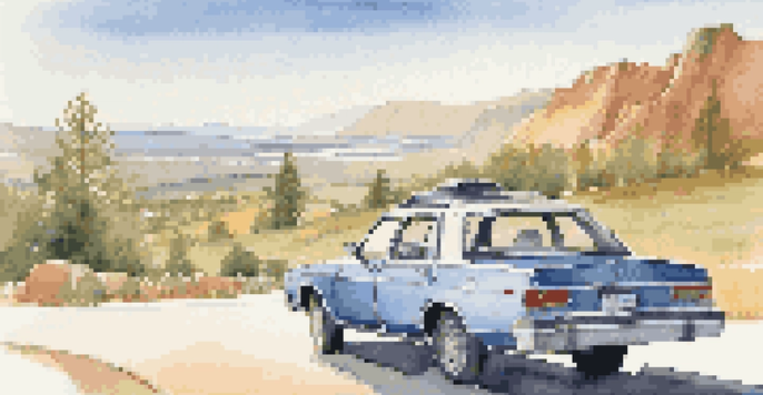 A parked car on a scenic overlook with mountains and a clear sky, showcasing a travel map on the hood.