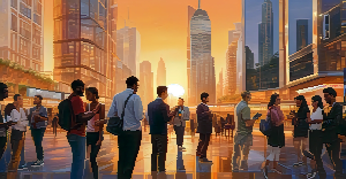 A vibrant city scene with people using smartphones for financial technology applications, illuminated by sunset reflections on skyscrapers.