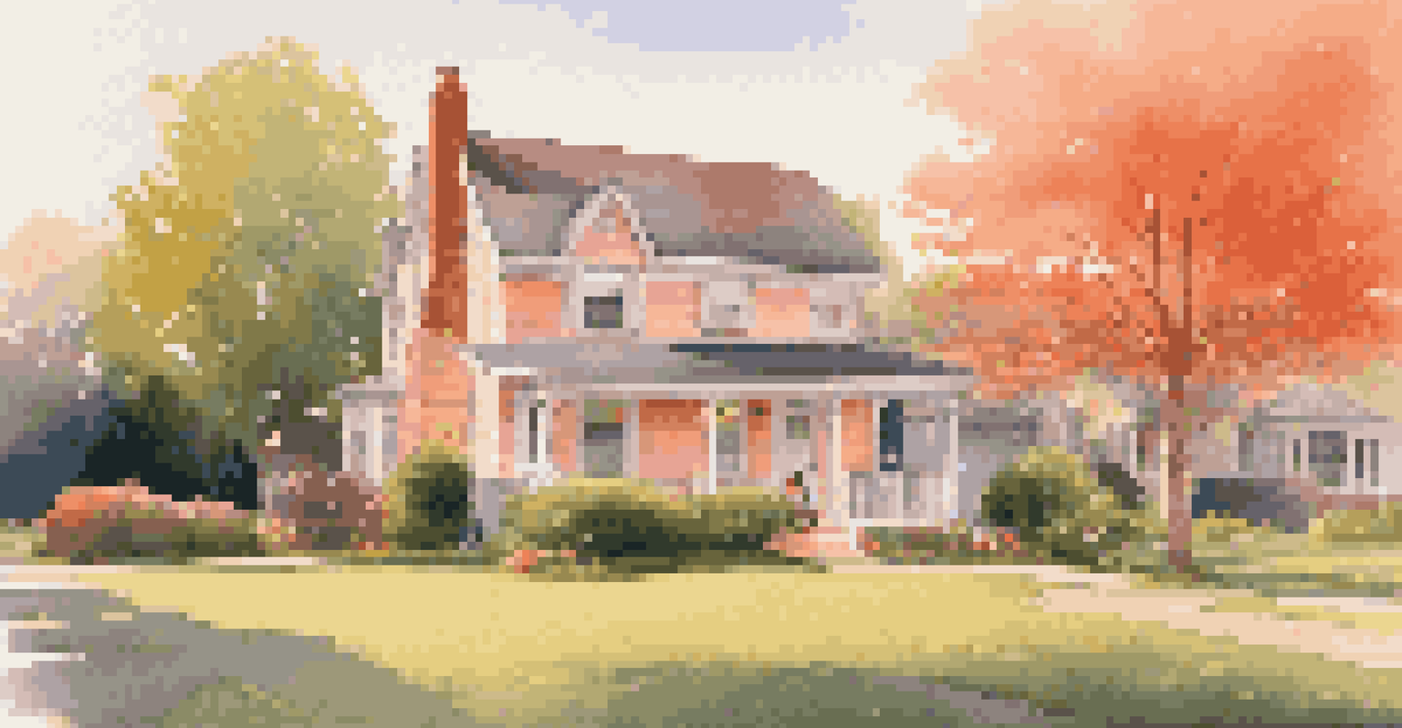 A picturesque suburban home with a 'For Sale' sign, a couple admiring it as the sun sets, casting a warm glow on the scene.