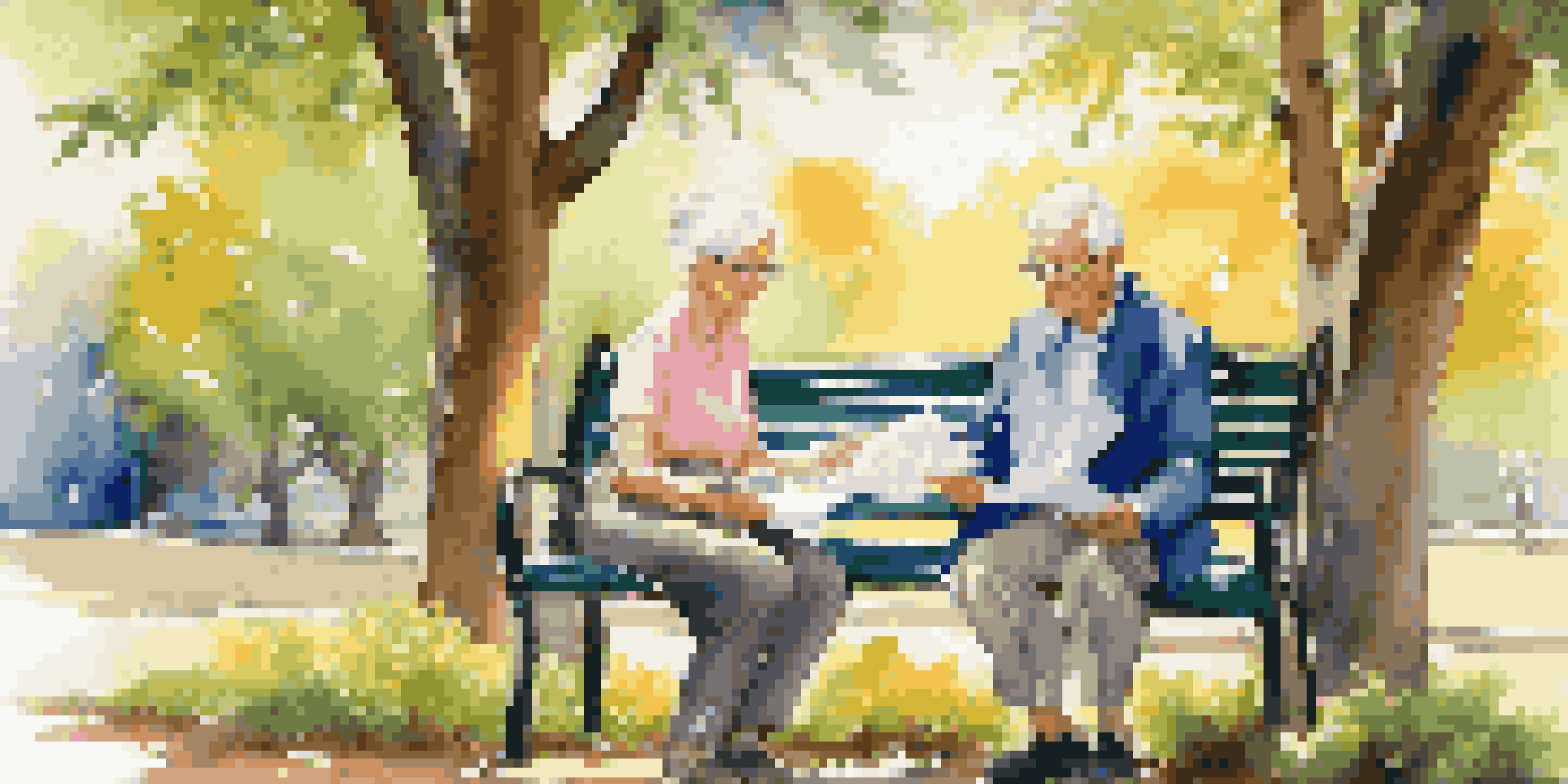 An elderly couple sitting on a park bench with financial planning documents, surrounded by flowers and trees, under a clear blue sky.