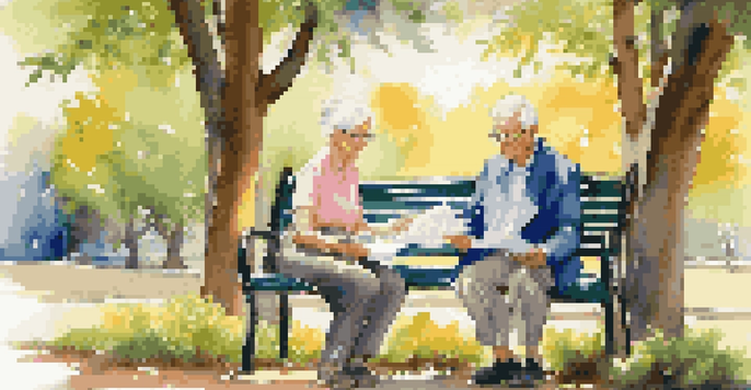 An elderly couple sitting on a park bench with financial planning documents, surrounded by flowers and trees, under a clear blue sky.