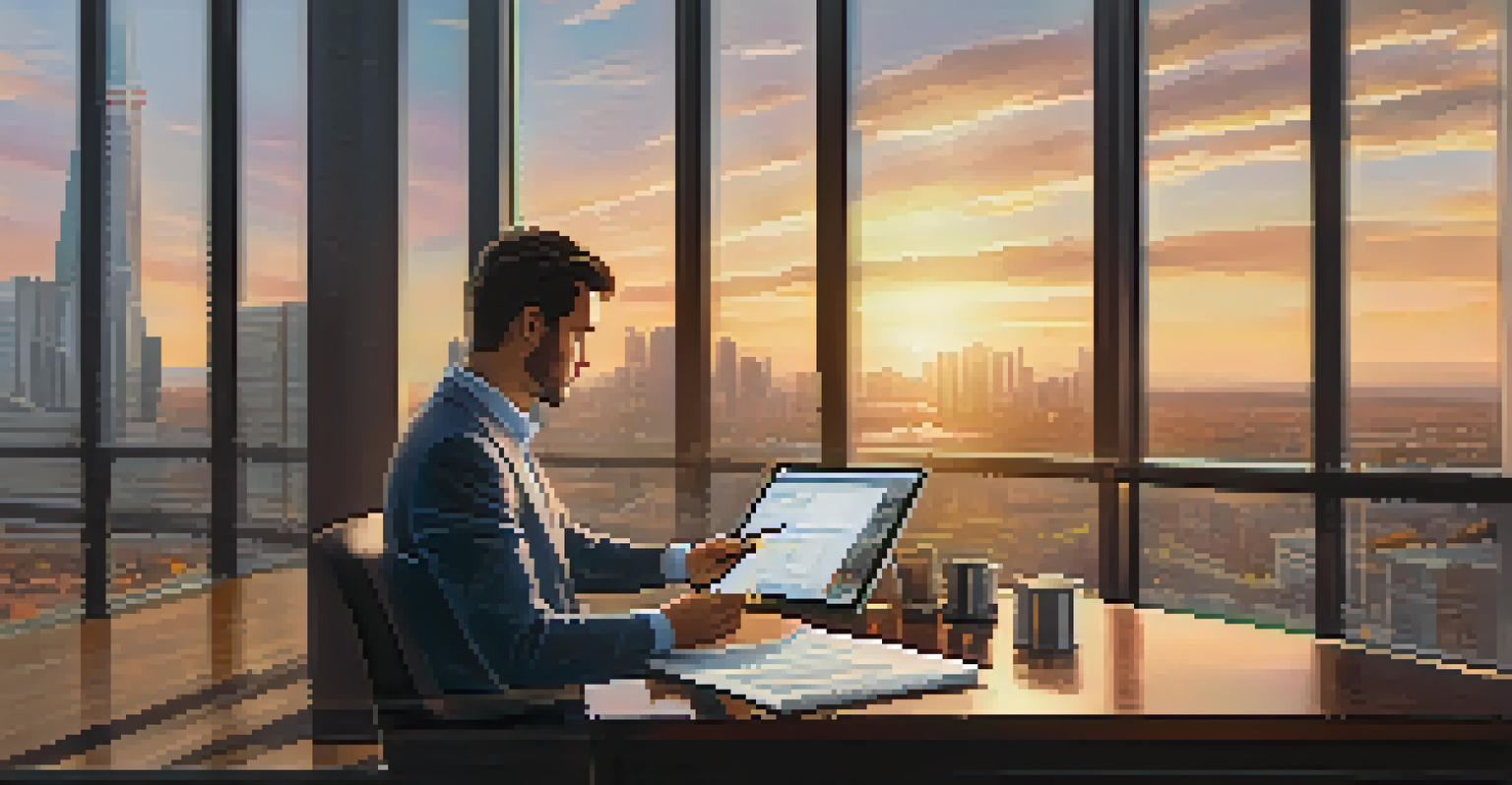 A trader looking at market data on a tablet in a serene office, with a city skyline visible through large windows at sunset.