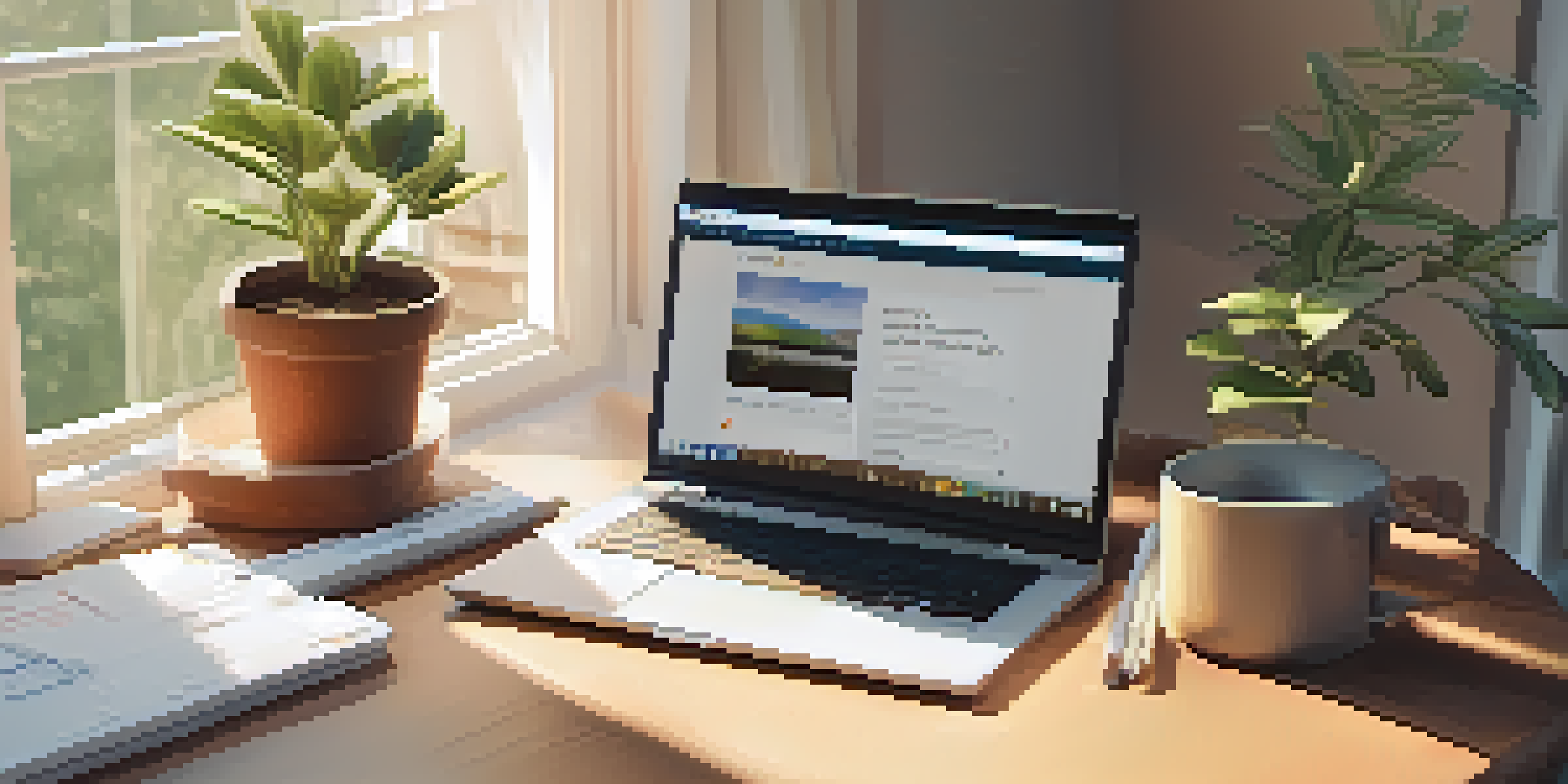 A cozy home office with a wooden desk, a laptop showing a savings account webpage, a notepad with financial goals, and a potted plant, illuminated by soft morning light.
