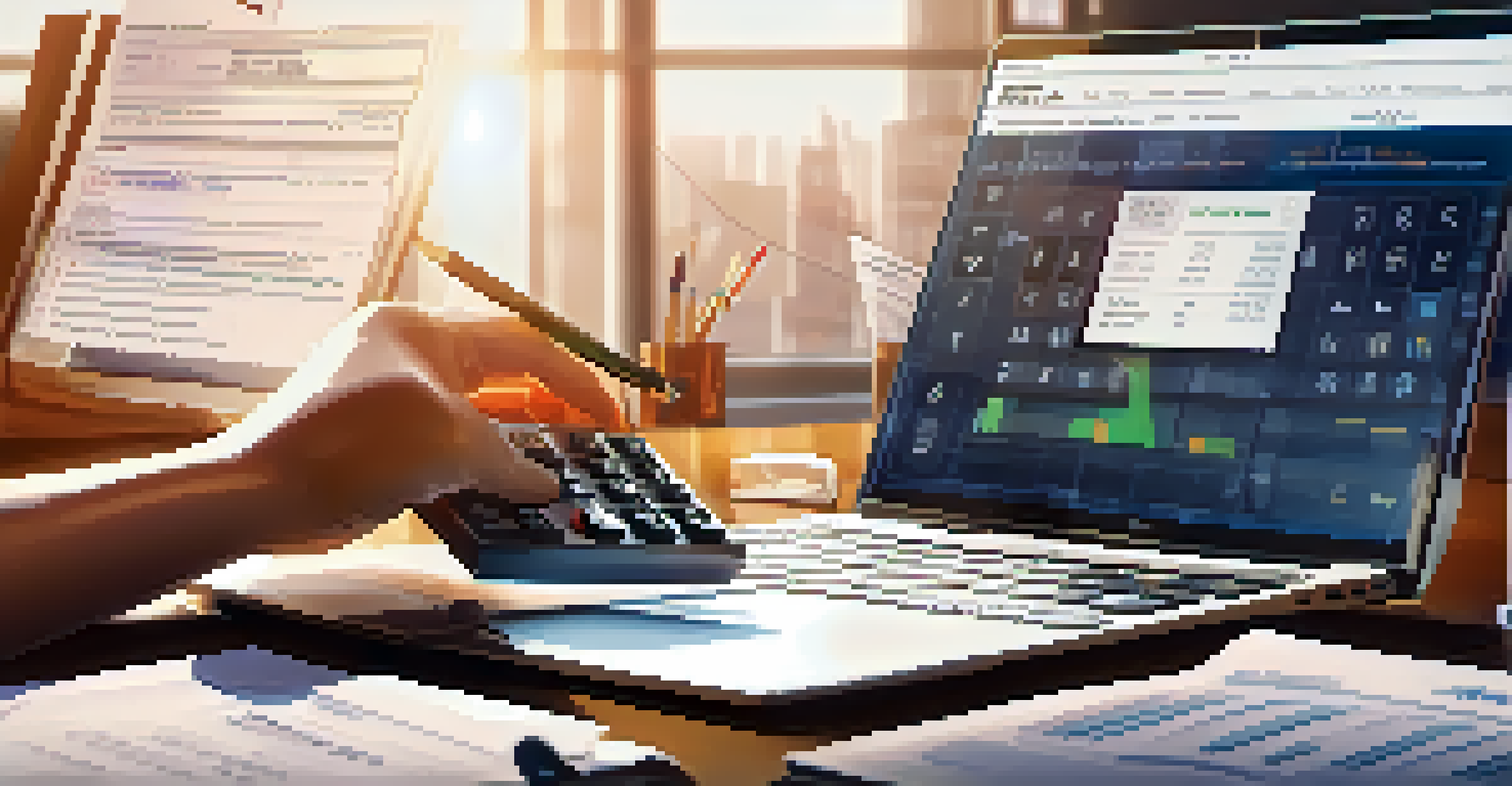 A hand holding a calculator and tax documents on a desk, with a laptop showing financial graphs in the background.
