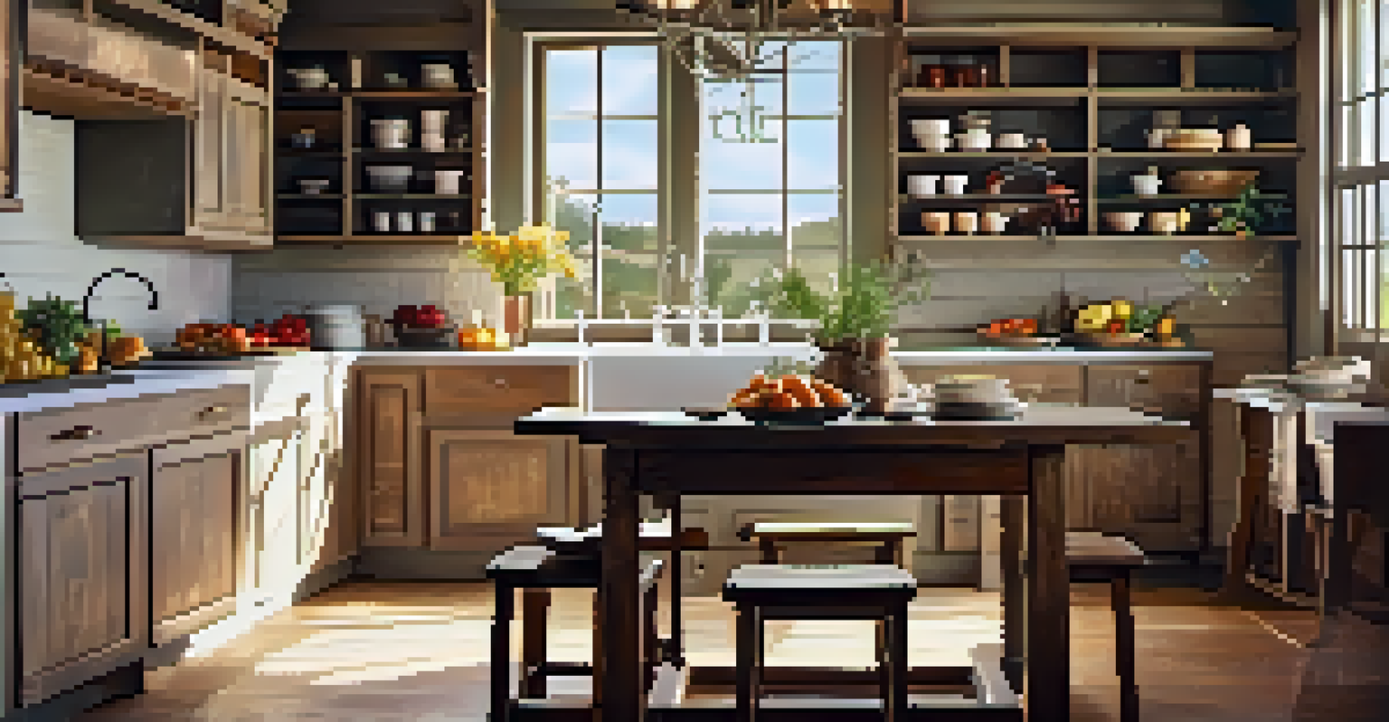 A warm and inviting rustic kitchen with fruits and flowers on the table.