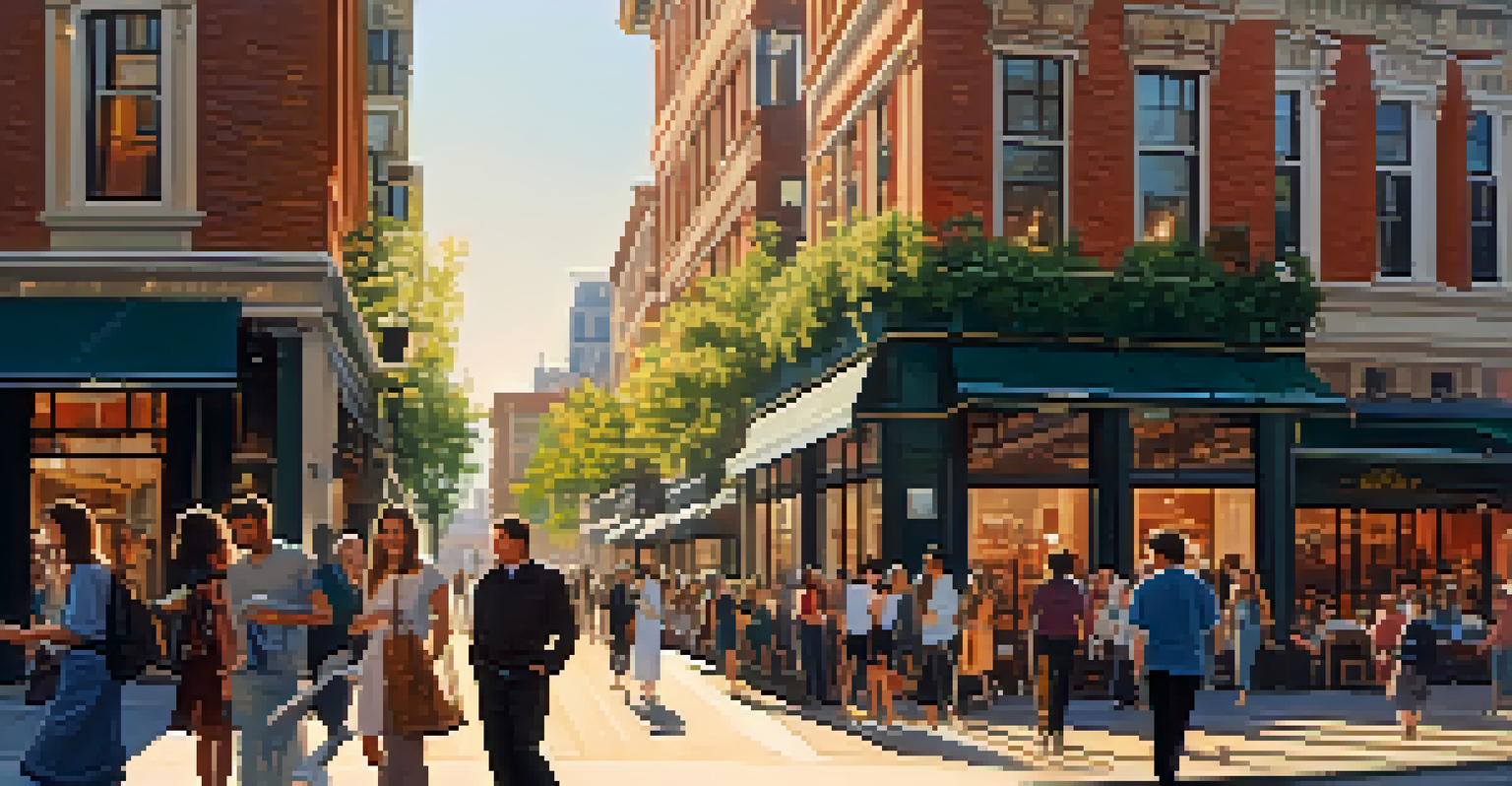 A vibrant city street bustling with people during the golden hour, featuring outdoor cafes and a mix of modern and historic buildings.