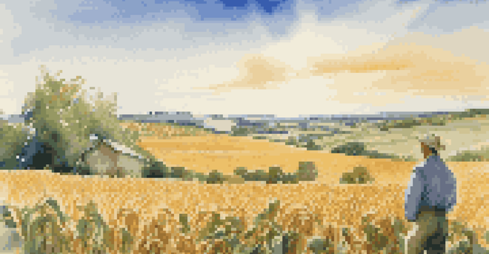 A farmer inspecting diverse crops in a sunny agricultural landscape with wheat, corn, and fruit orchards.