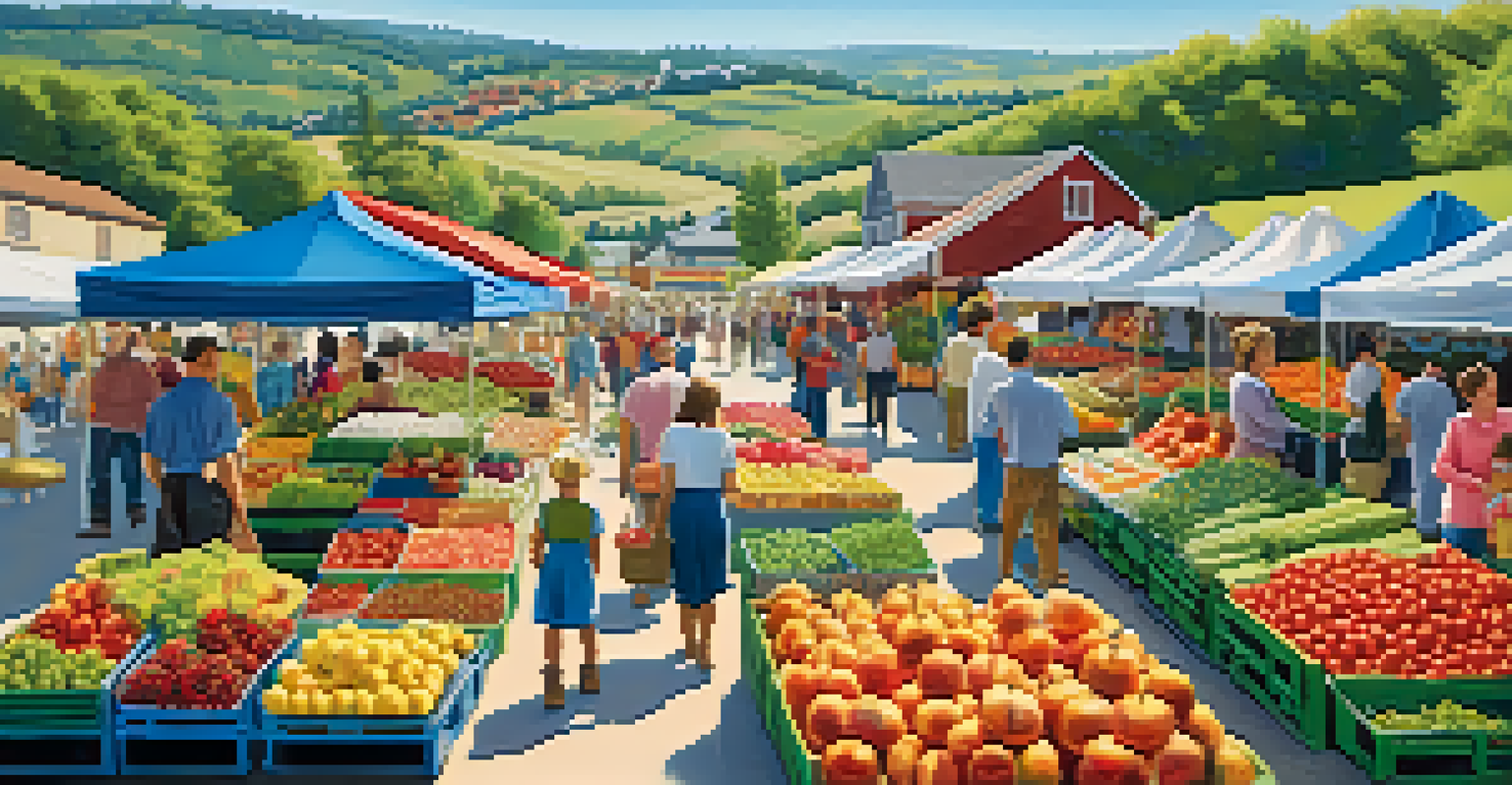 A picturesque farmer's market in a scenic landscape with stalls of organic products, people enjoying the atmosphere, and children playing.