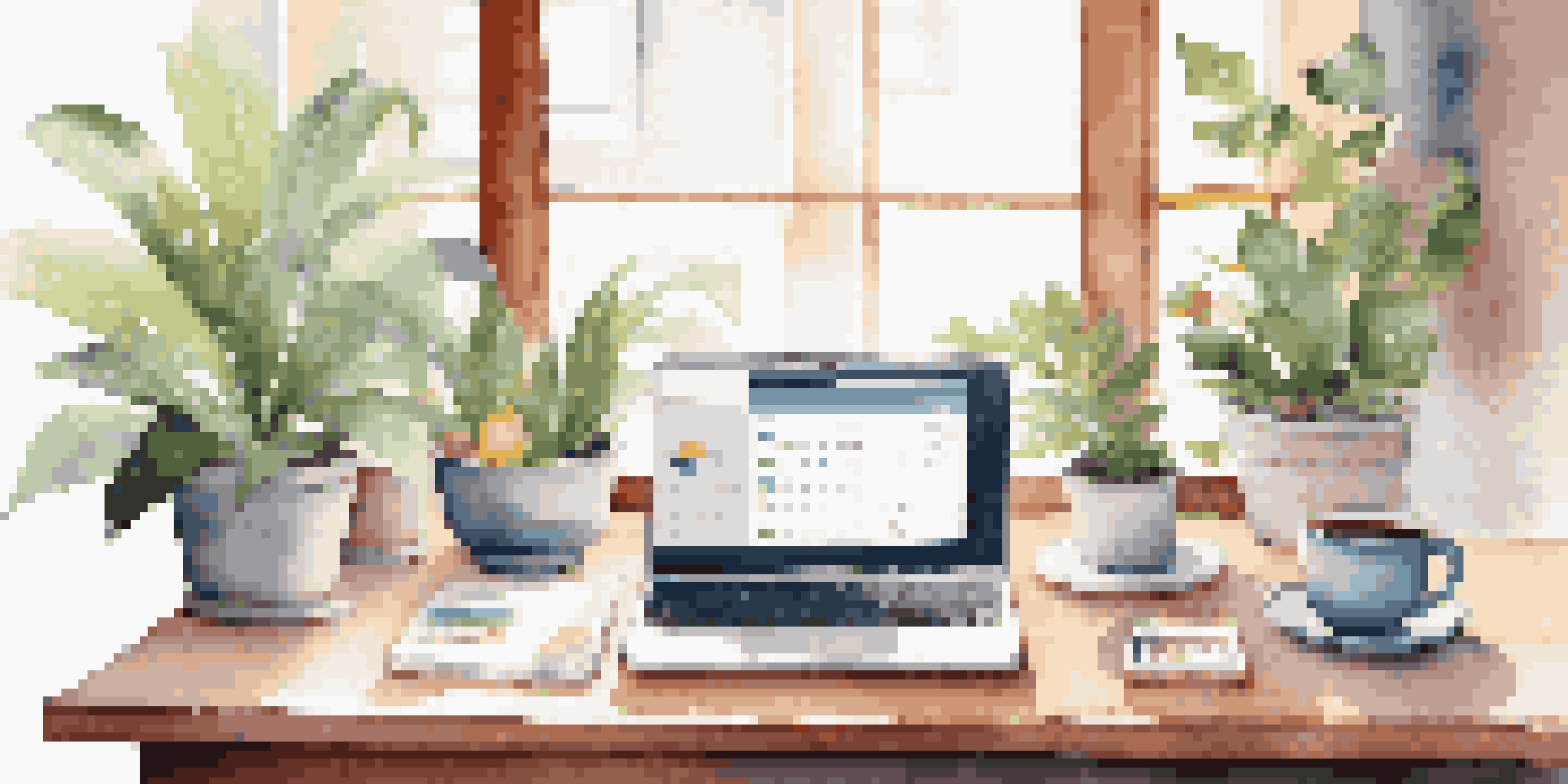A bright and tidy workspace with a laptop displaying a financial wellness app, colorful stationery, a coffee cup, and a green plant, illuminated by natural light.