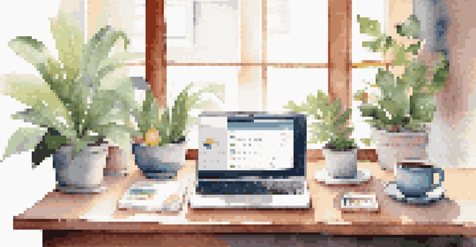 A bright and tidy workspace with a laptop displaying a financial wellness app, colorful stationery, a coffee cup, and a green plant, illuminated by natural light.