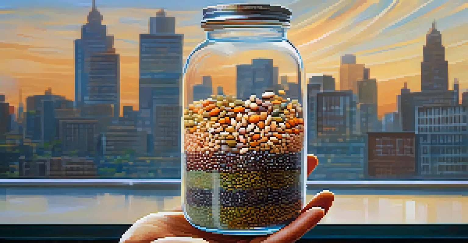 A hand holding a jar of colorful seeds with a blurred modern city skyline in the background, symbolizing growth and investment.