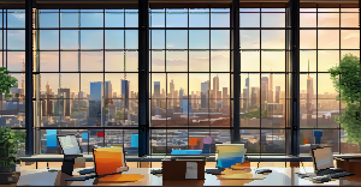 A modern office scene with floating charts and graphs representing a balance sheet, overlooking a city skyline at sunset.