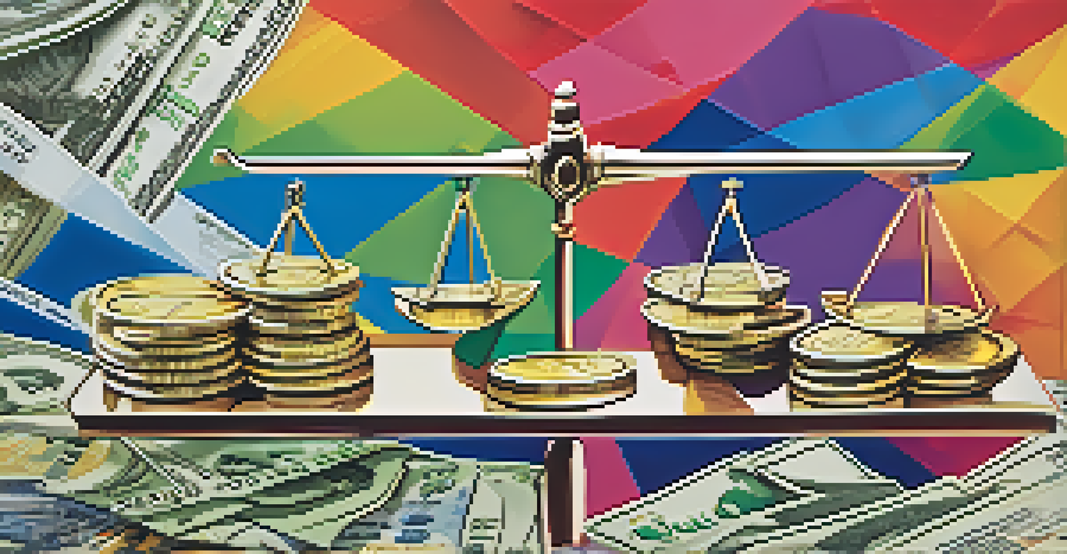 An abstract illustration of a balancing scale representing interest rates and currency exchange rates against a backdrop of fluctuating market graphs.