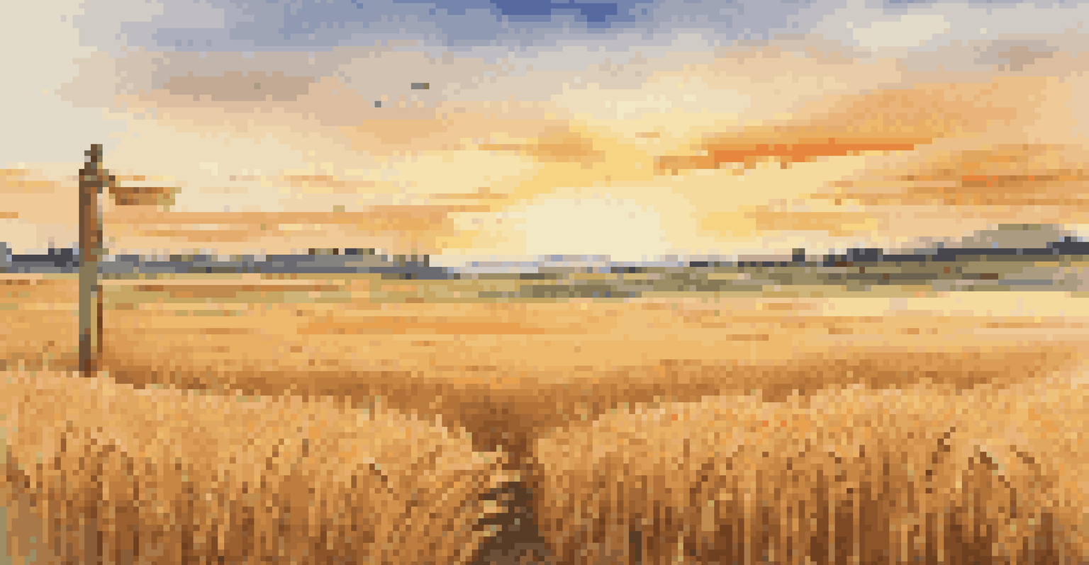 A sunrise over a golden wheat field with a wooden signpost indicating economic terms like 'Growth' and 'Inflation'.