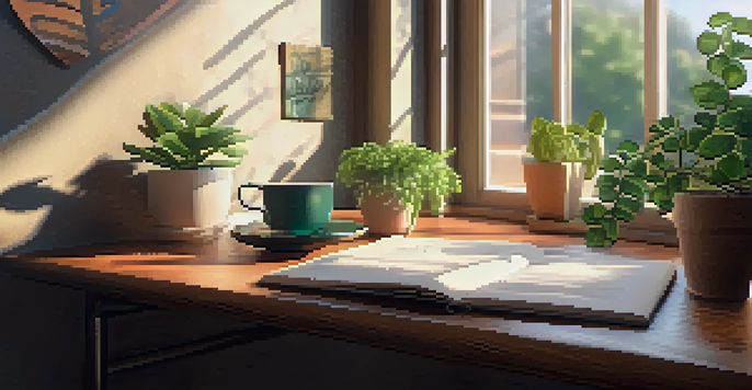 A warm and inviting workspace with a wooden desk, laptop, coffee cup, and a potted plant, illuminated by sunlight.