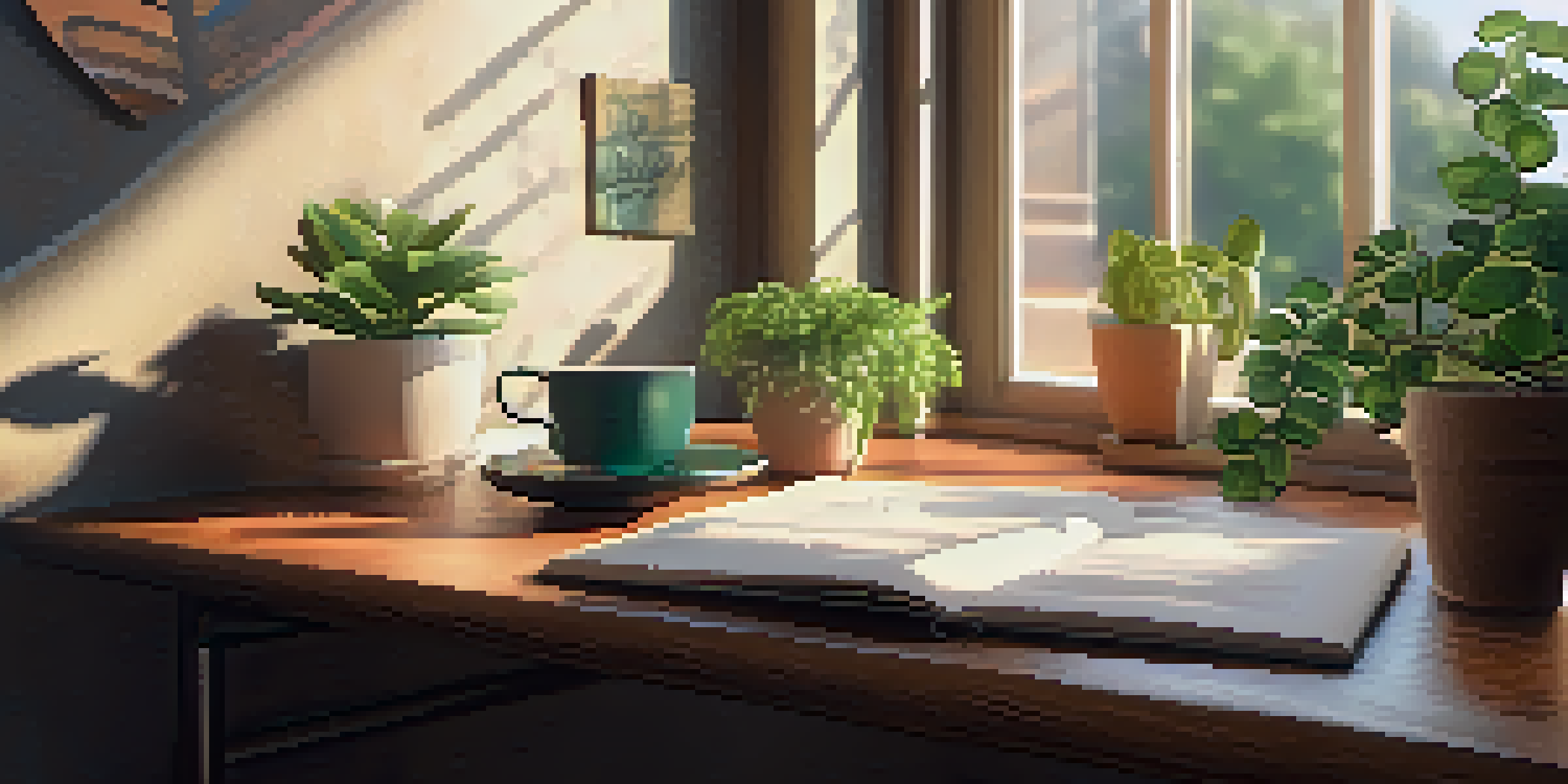 A warm and inviting workspace with a wooden desk, laptop, coffee cup, and a potted plant, illuminated by sunlight.