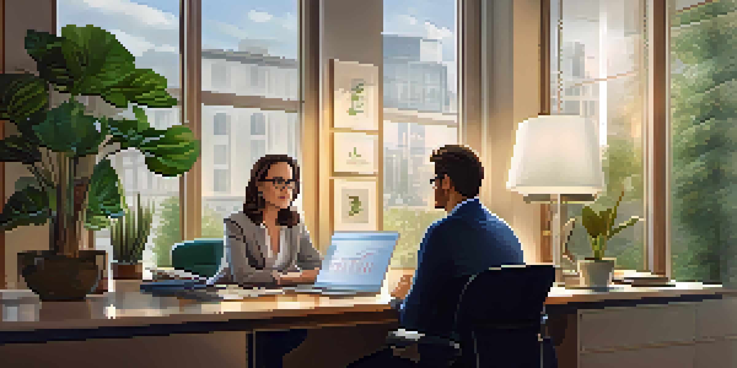A financial advisor shows a chart to a client in a bright office filled with plants.