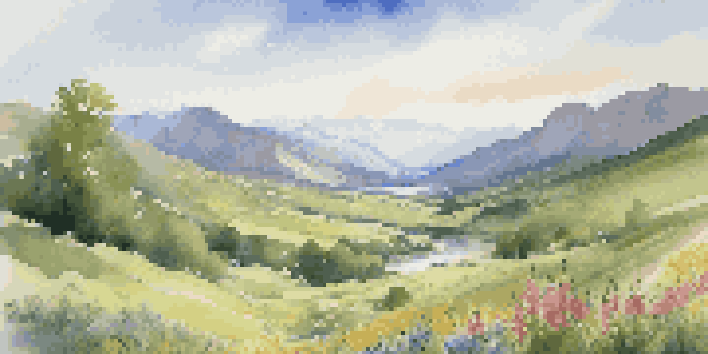 A peaceful valley with a river, wildflowers, and mountains under a blue sky.
