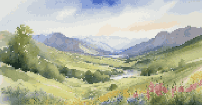 A peaceful valley with a river, wildflowers, and mountains under a blue sky.