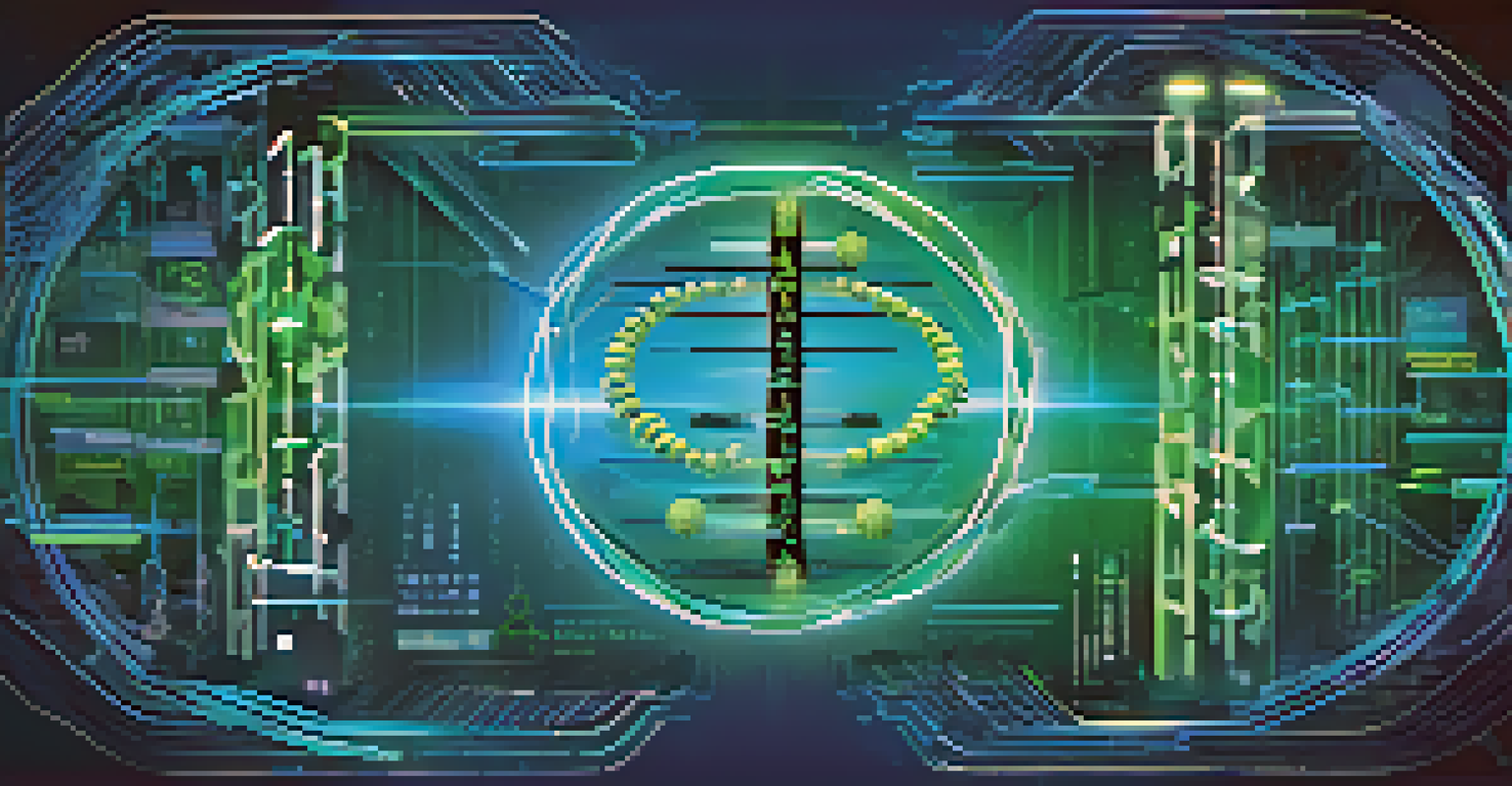 A stylized DNA double helix illustrating gene editing concepts, with high-tech graphics and a gradient background representing innovation and health.