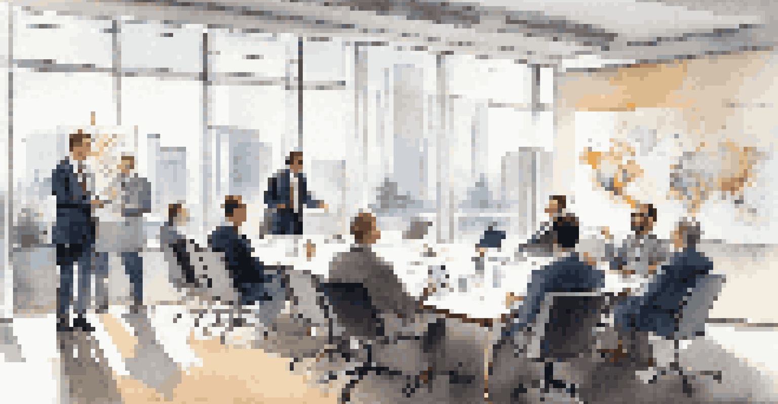 A startup founder presenting a business plan to investors in a modern office setting with a projector screen.