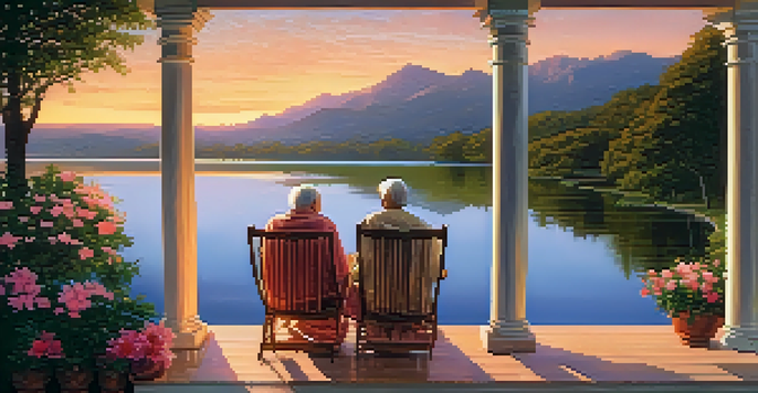 A couple sitting on a porch during sunset, overlooking a calm lake surrounded by nature.