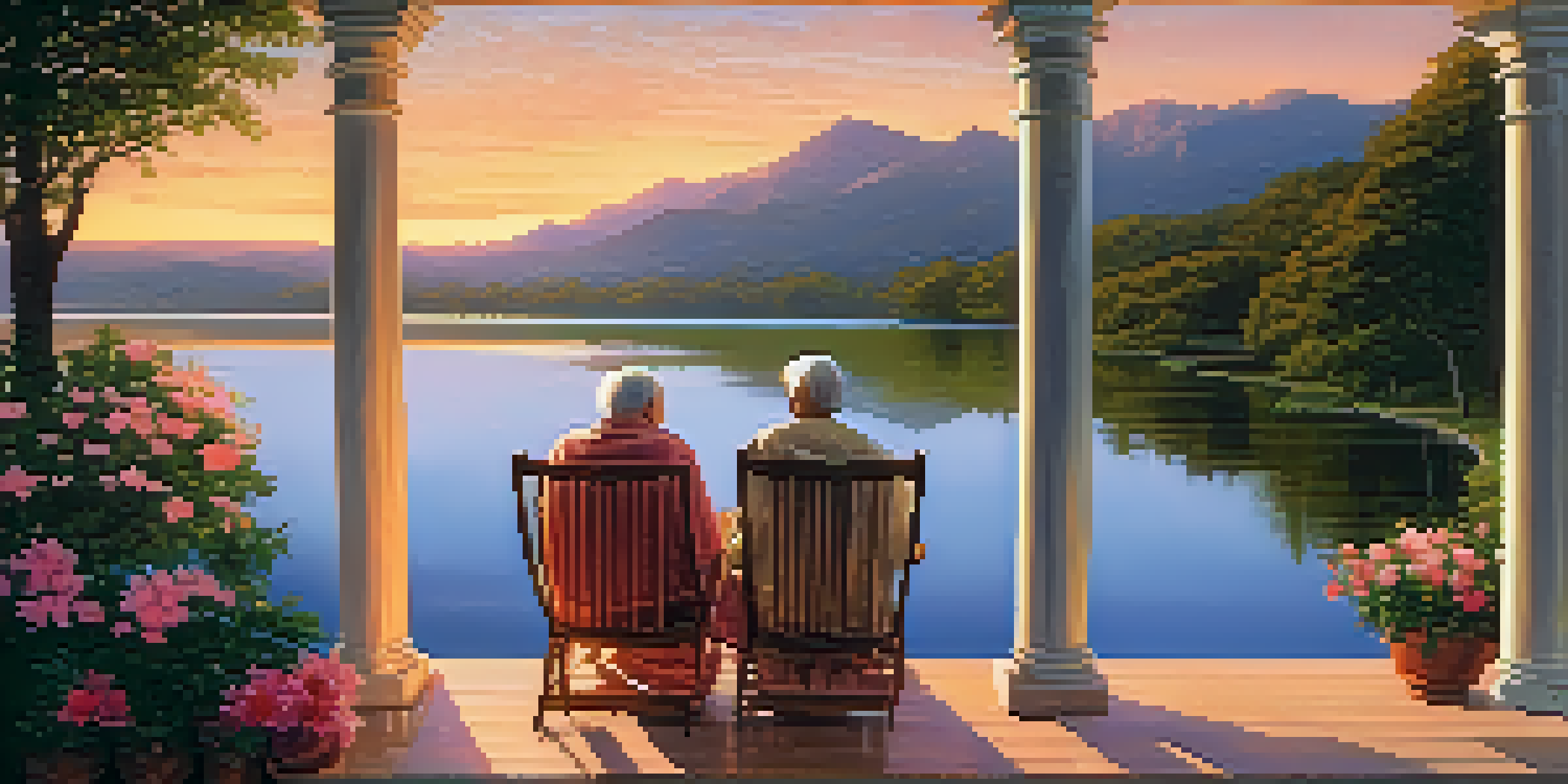 A couple sitting on a porch during sunset, overlooking a calm lake surrounded by nature.