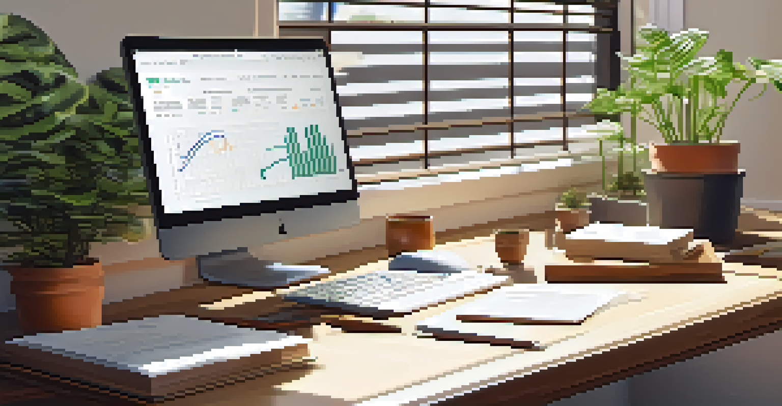 A cozy office desk with a laptop displaying financial graphs, a notepad with notes on retirement accounts, a potted plant, and soft window light.