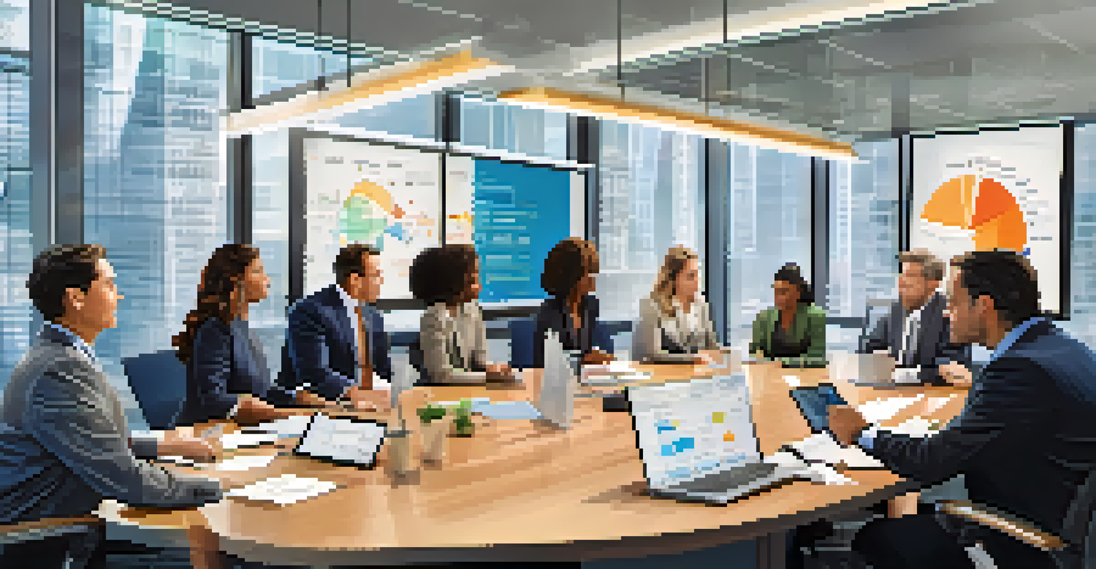 A diverse group of financial analysts working together in a bright conference room, with graphs on the screen behind them.