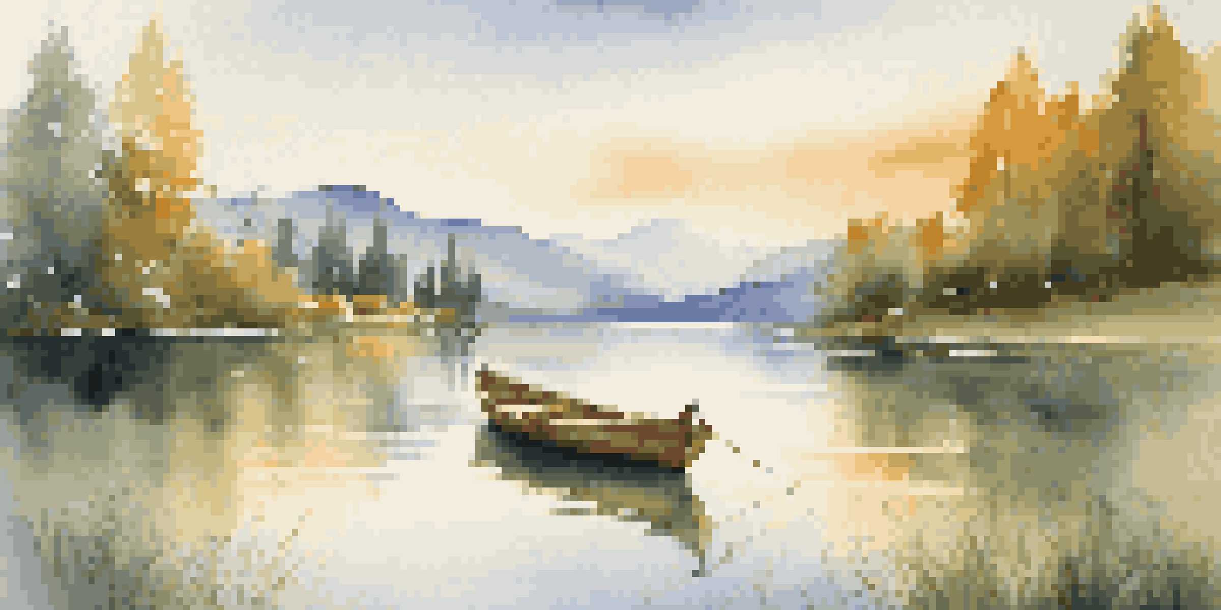 A peaceful lake surrounded by green trees and mountains, with sunlight shining through the leaves and a wooden boat floating on the water.