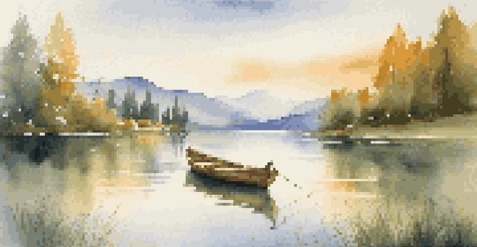 A peaceful lake surrounded by green trees and mountains, with sunlight shining through the leaves and a wooden boat floating on the water.