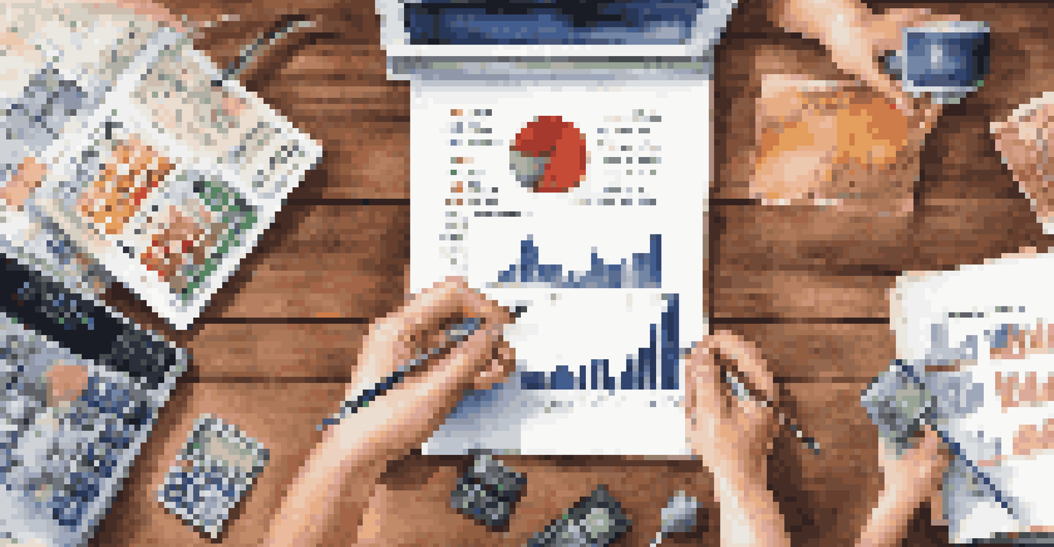 A close-up of diverse hands holding financial tools, including calculators and charts, on a wooden table.
