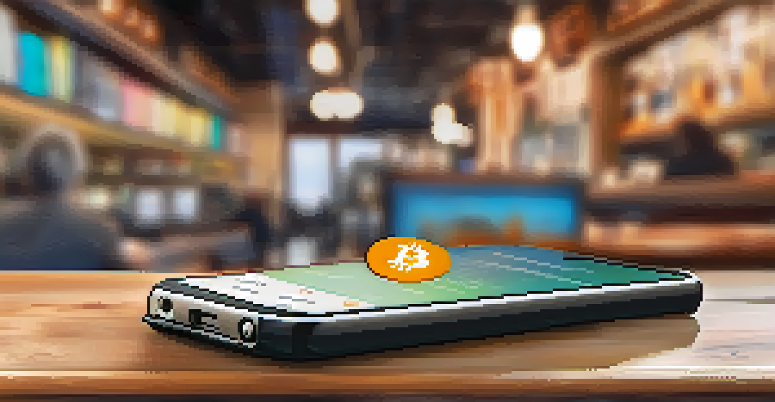 A close-up of a smartphone showing a cryptocurrency tracking app next to financial books and a notepad in a cafe setting.