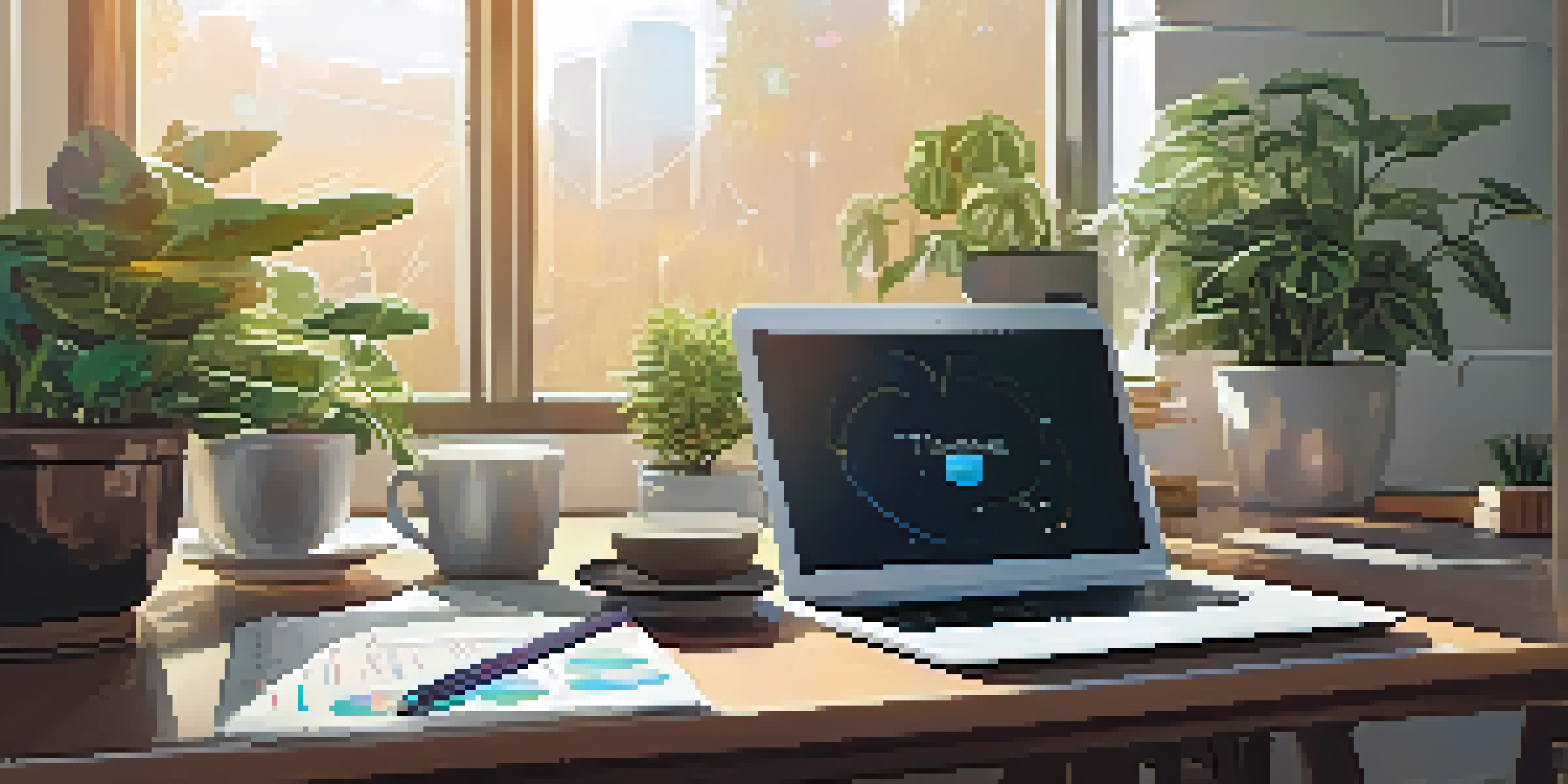 A bright and organized office space with a desk, laptop, and financial materials, bathed in sunlight.
