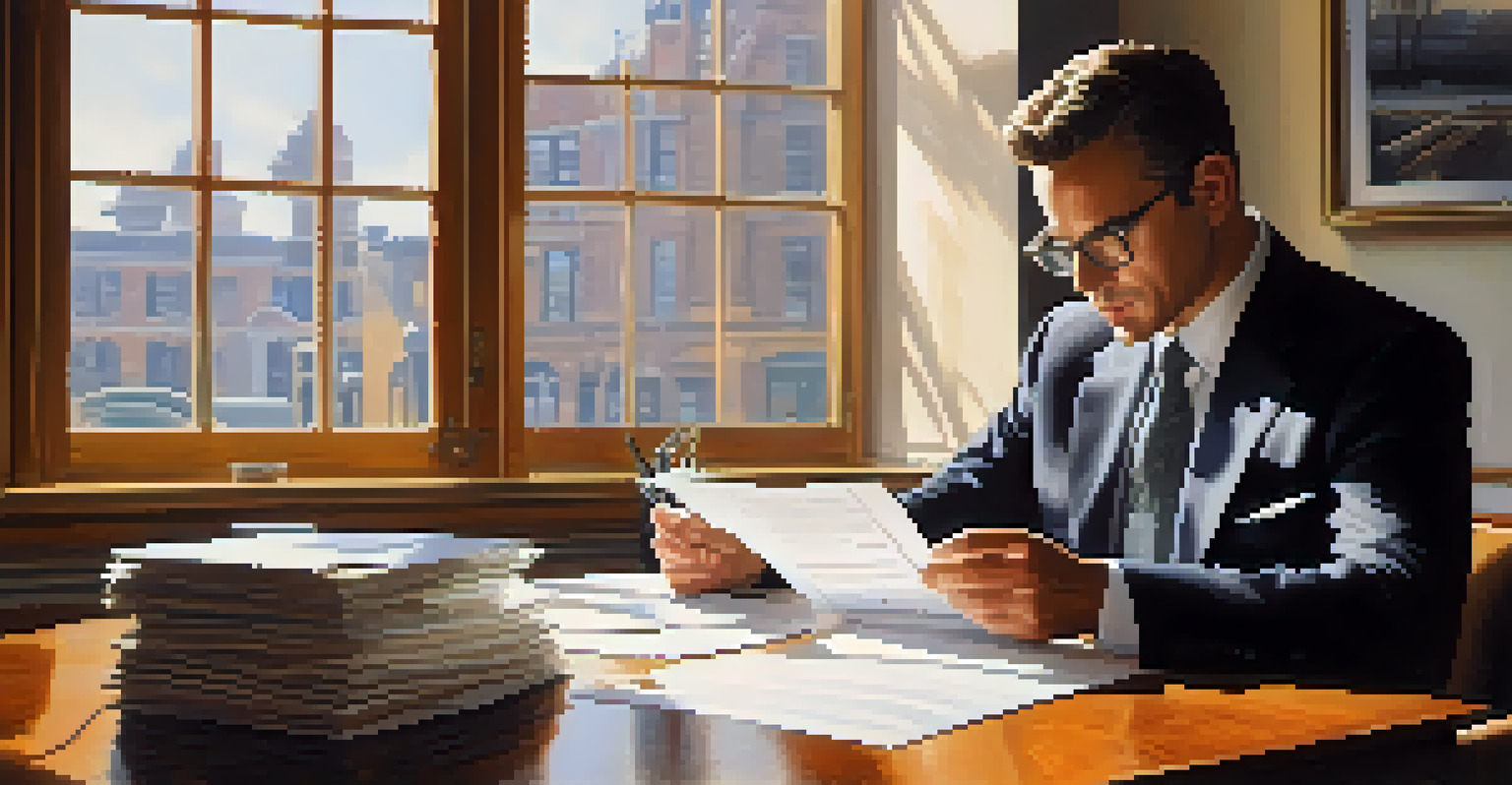 A financial analyst reviewing bond market reports in an elegant workspace with a laptop and papers.