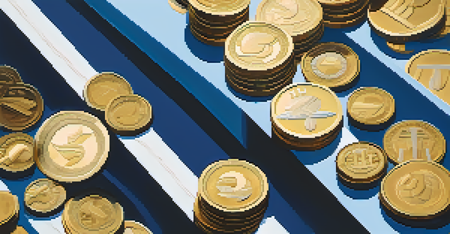 An abstract representation of leverage with a lever lifting a stack of coins against a blue gradient background.