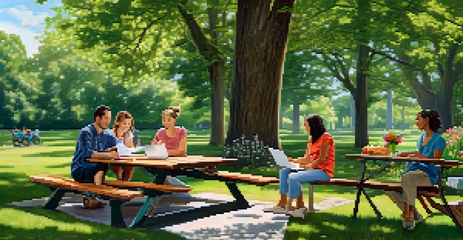 A family talking about financial goals at a picnic table in a park, with a laptop showing a budget spreadsheet.