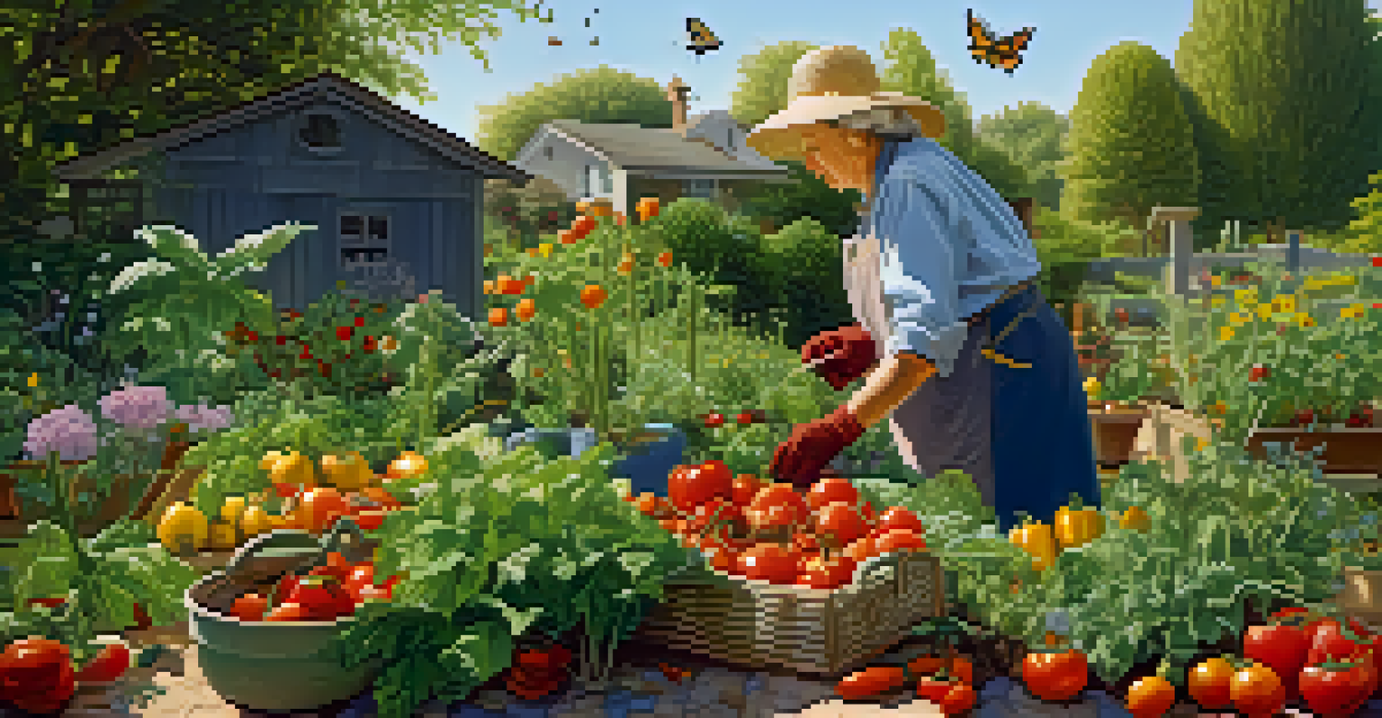 An elderly person gardening in a vibrant vegetable garden, surrounded by colorful plants and insects.