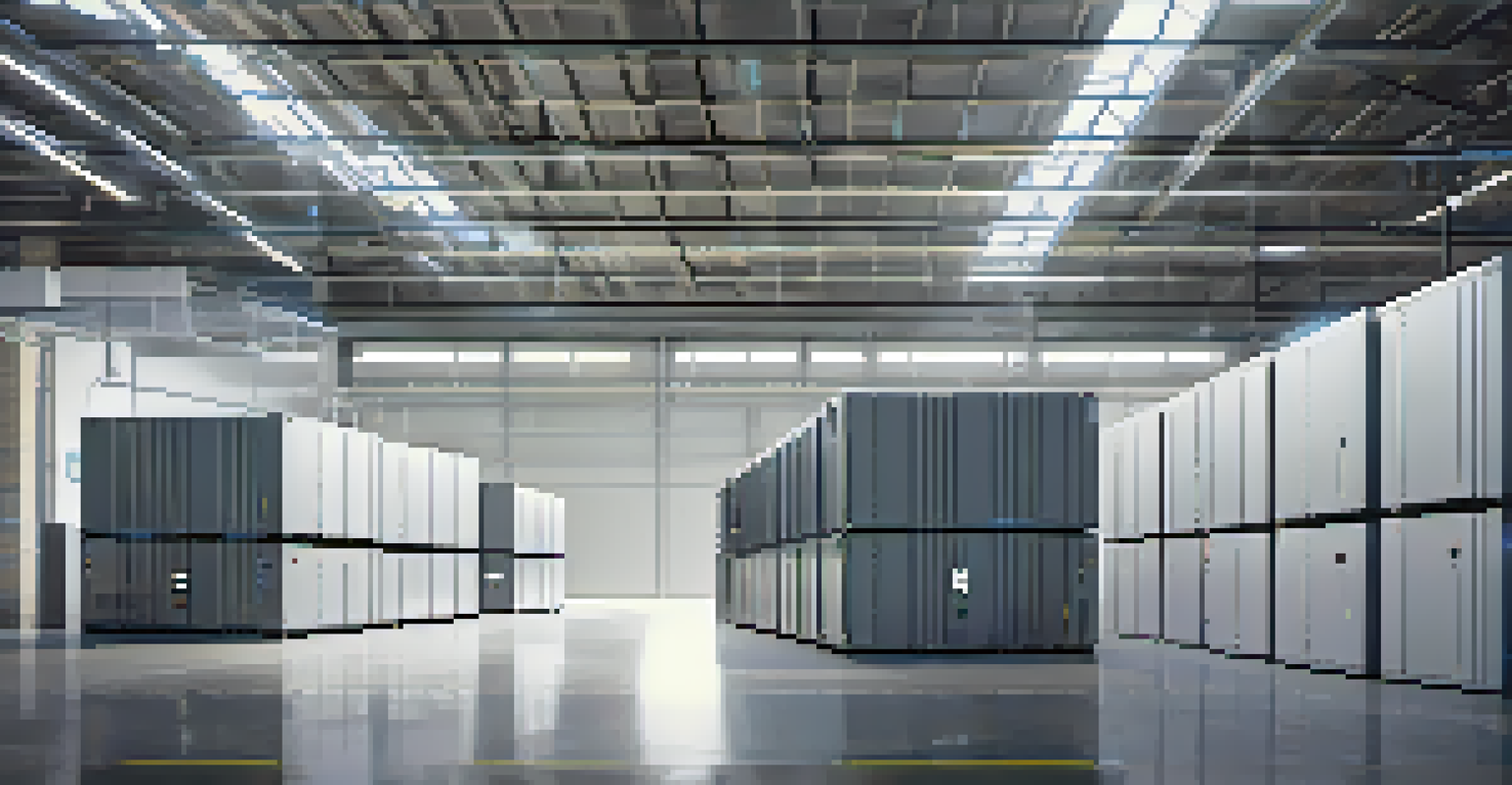 A modern energy storage facility with large lithium-ion batteries and digital screens showing energy data, illuminated by bright white lights.