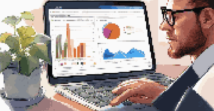 A financial analyst analyzing data on a laptop with colorful charts, in a modern workspace with a plant and coffee.