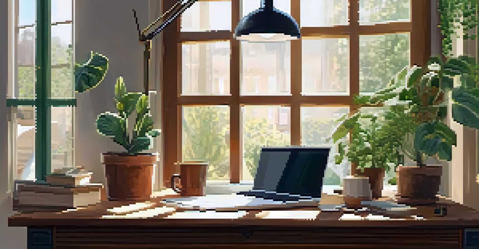 A modern workspace with a laptop, plants, and a cup of coffee, bathed in natural light.